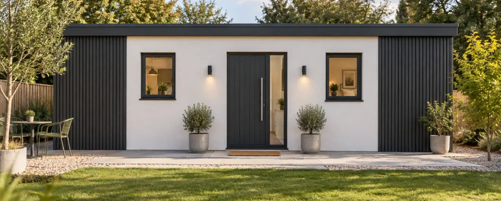 The 45 m² Modern Contrast, in chalk render with charcoal vertical cladding, seen across a lawn.