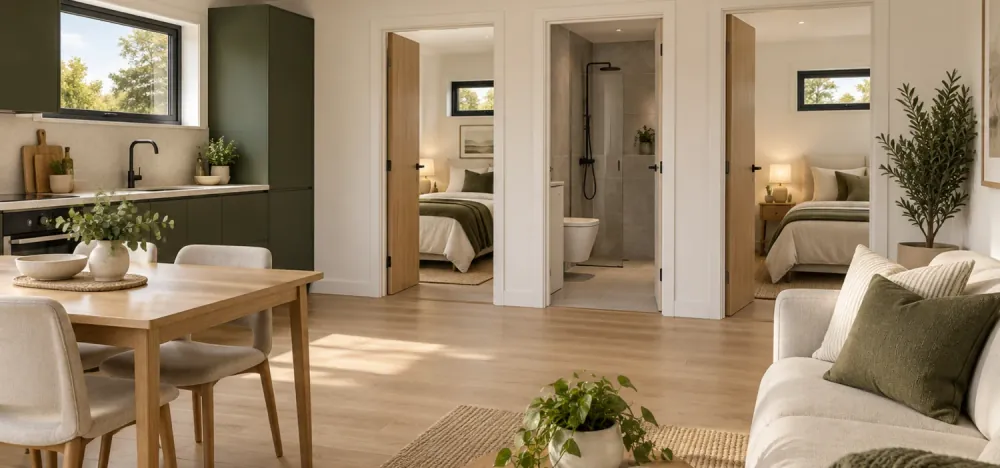 The sage-green kitchen and dining table of the 45 m² two-bedroom
