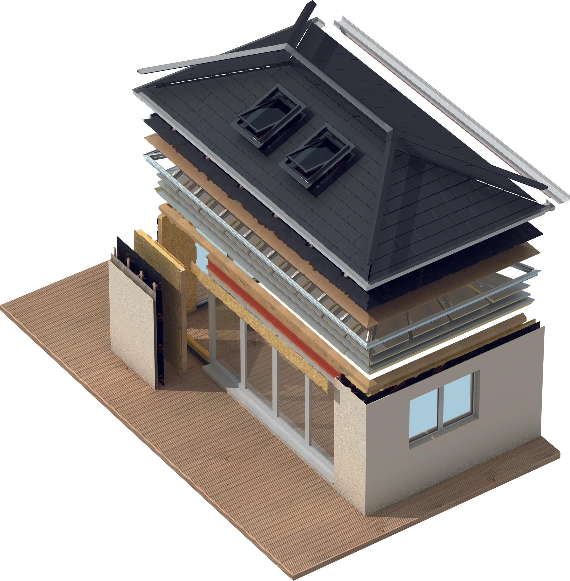 Exploded view of a NuaHome garden home: external and internal flooring, the Warm Wall with its Kingspan TEK panel, membrane and chosen external finish, then the Warm Roof (rigid insulation, pre-engineered frame, plywood, breathable membrane, roof windows, tiles and ridge cappings).