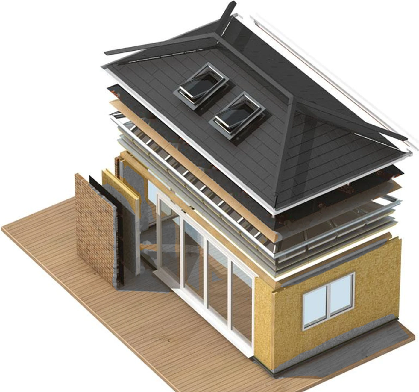 Exploded view of a NuaHome garden home: external and internal flooring, the Warm Wall with its Kingspan TEK panel and external finish, then the Warm Roof (insulation, pre-engineered frame, plywood, membrane, roof windows, tiles and ridge cappings).