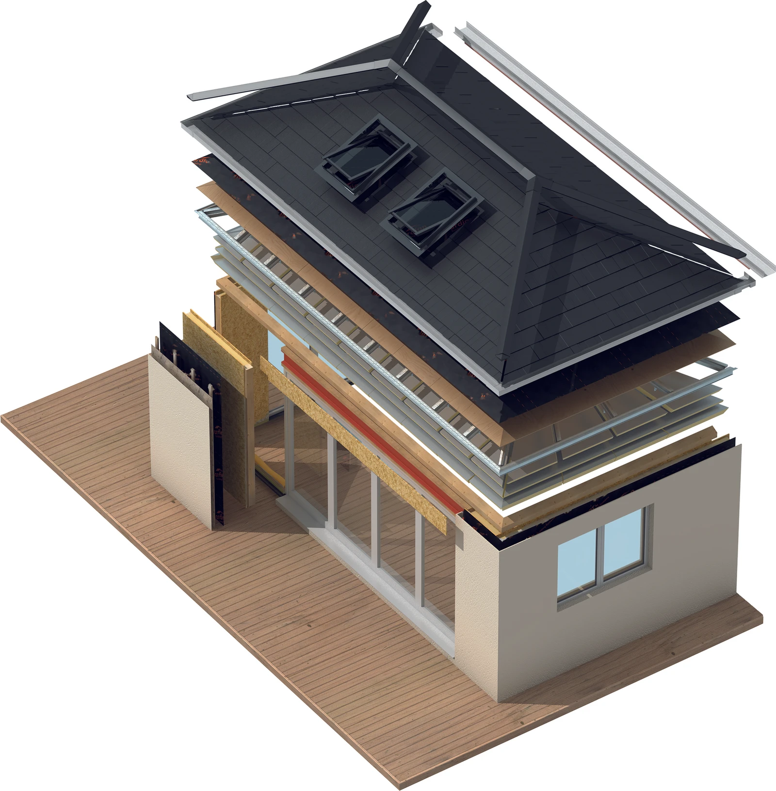 Exploded view of a NuaHome garden home: external and internal flooring, the Warm Wall with its Kingspan TEK panel and chosen finish, then the Warm Roof (insulation, pre-engineered frame, plywood, breather membrane, roof windows, tiles and ridge cappings).