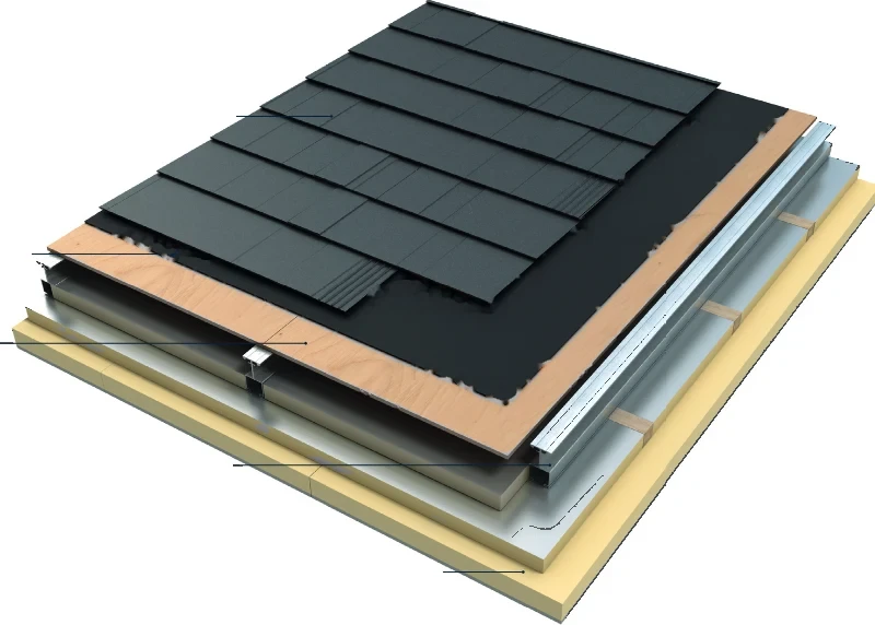 Cut-away of the NuaHome Warm Roof: rigid insulation, structural pre-engineered frame, exterior-grade plywood, breathable membrane and the chosen tile or slate.