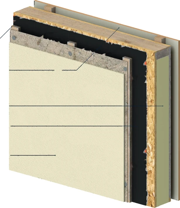 Cut-away of the NuaHome Warm Wall: foil-backed plasterboard, timber battens, the Kingspan TEK panel, breathable membrane and the external finish.