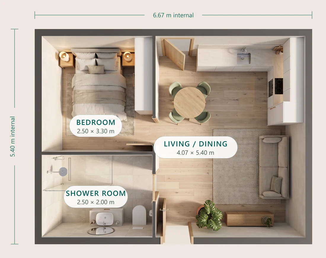 Floor plan of the 36 m² one-bedroom NuaHome, 6.67 by 5.40 metres internal: bedroom and shower room to the left, open living and dining with a rear kitchen to the right.