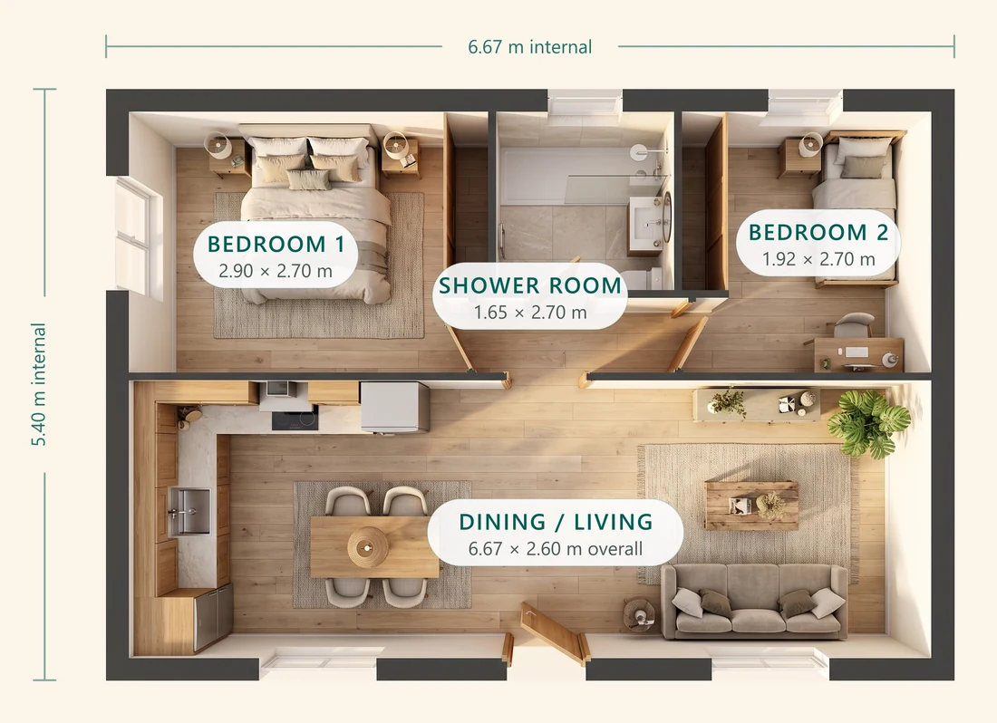 Floor plan of the 36 m² two-bedroom NuaHome, 6.67 by 5.40 metres internal: two bedrooms flanking a central shower room, with dining and living across the front.