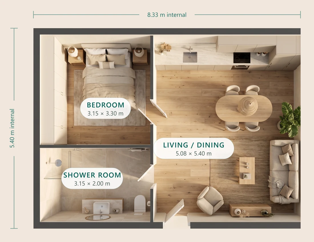 Floor plan of the 45 m² one-bedroom NuaHome, 8.33 by 5.40 metres internal: bedroom and shower room to the left, a large living and dining room with a rear kitchen to the right.