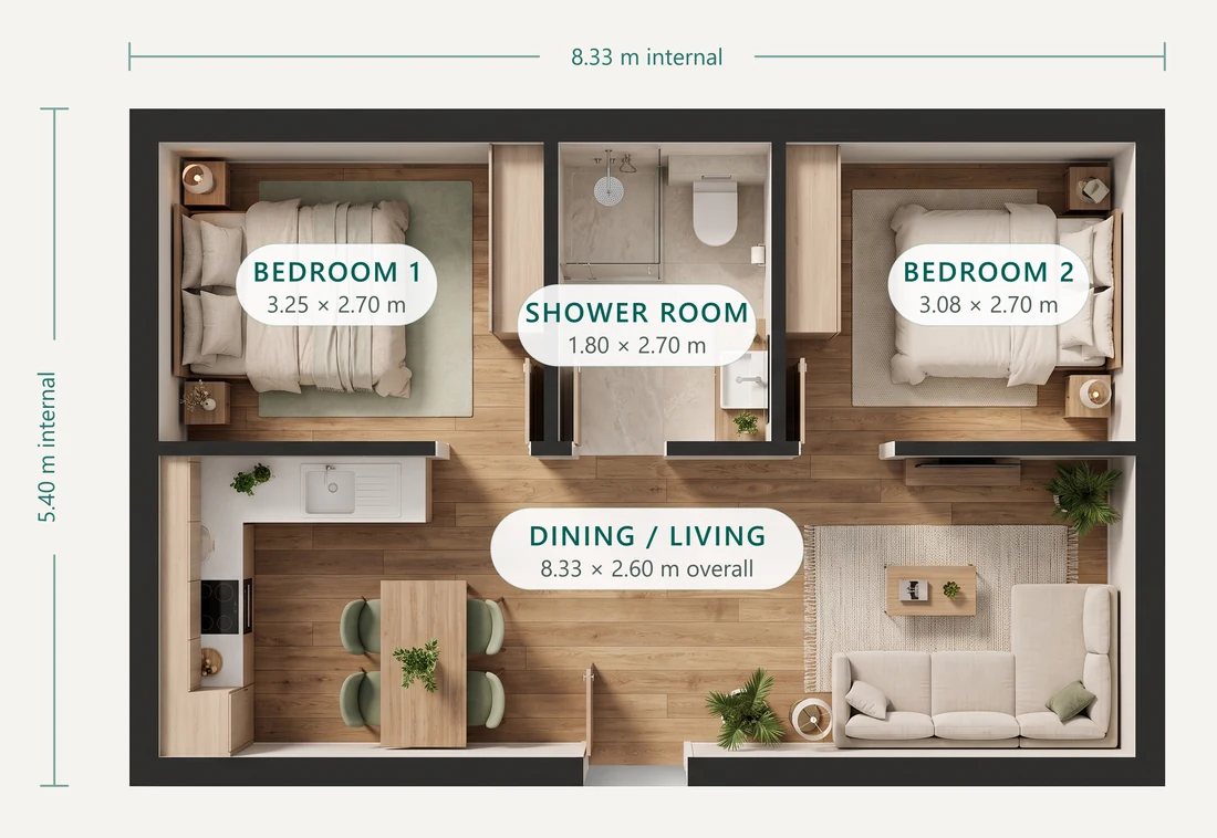 Floor plan of the 45 m² two-bedroom NuaHome, 8.33 by 5.40 metres internal: two bedrooms flanking a central shower room, with dining and living across the full front.