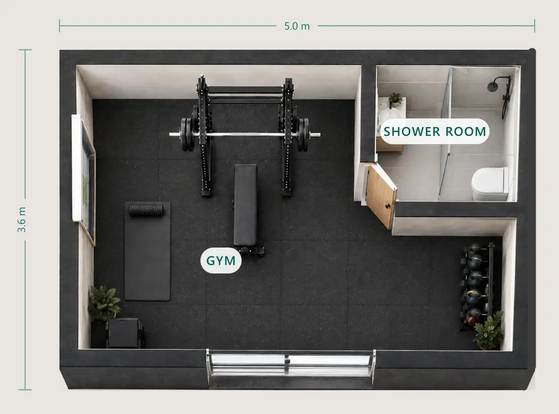 Reference floor plan of the NuaPod 18 square metre unit with a bathroom, 5 by 3.6 metres: a gym with a squat rack, bench and dumbbells filling the main room and a tiled shower room in the top-right corner.