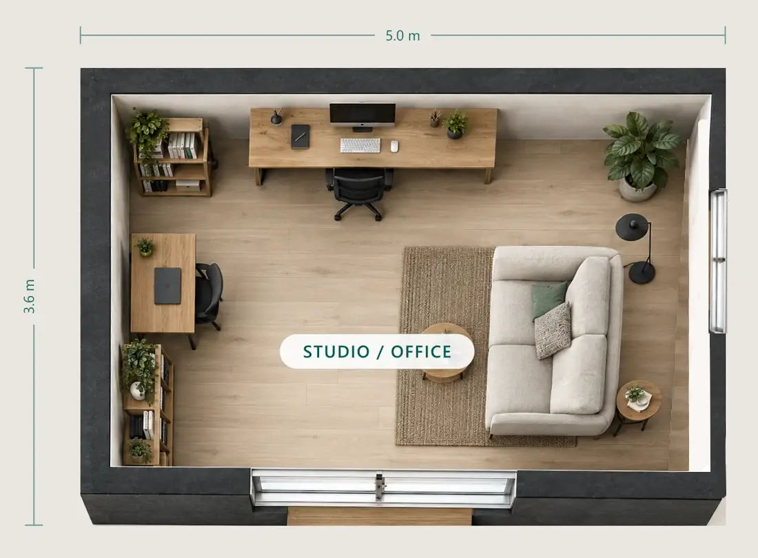 Reference floor plan of the NuaPod 18 square metre unit as one open room, 5 by 3.6 metres: a desk and office chair along the top wall, shelving, a sofa and a rug, with sliding glass doors onto the garden.