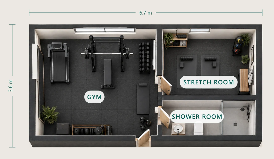 Reference floor plan of the NuaPod 24 square metre unit as a home gym, 6.7 by 3.6 metres: a gym with a squat rack, treadmill, bench and dumbbells filling the left, a stretch room with exercise mats to the upper right and a tiled shower room below it.