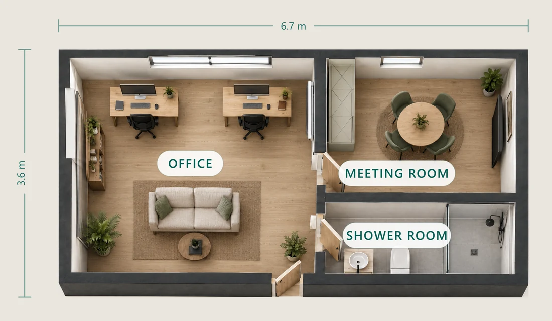 Reference floor plan of the NuaPod 24 square metre unit as a home office, 6.7 by 3.6 metres: an office with two desks and a sofa filling the left, a meeting room with a round table for four to the upper right and a tiled shower room below it.