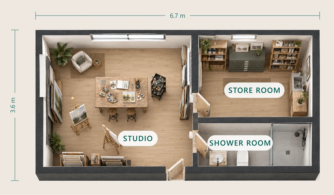 Reference floor plan of the NuaPod 24 square metre unit as a creative studio, 6.7 by 3.6 metres: a studio with easels and a large worktable filling the left, a store room with shelving and a plan chest to the upper right and a tiled shower room below it.